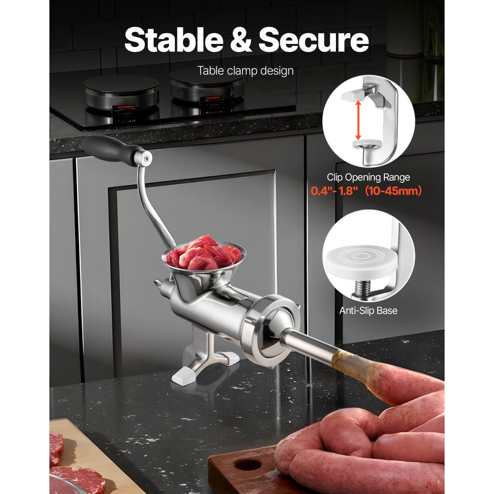 VEVOR Manual Meat Grinder, 304 Stainless Steel Hand Meat Grinder with Steel Table Clamp, Meat Mincer Sausage Maker & 2