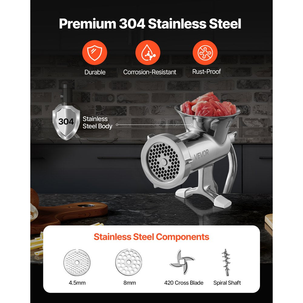 VEVOR Manual Meat Grinder, 304 Stainless Steel Hand Meat Grinder with Steel Table Clamp, Meat Mincer Sausage Maker & 2