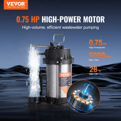 VEVOR Submersible Sewage Pump, 0.75HP 5000 GPH, Cast Iron Sewage Water Pump with 28 ft Lift 10 ft Power Cord and