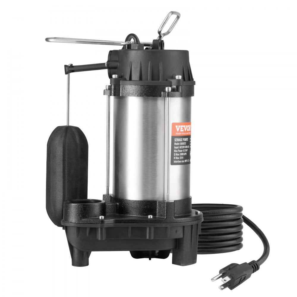 VEVOR Submersible Sewage Pump, 0.75HP 5000 GPH, Cast Iron Sewage Water Pump with 28 ft Lift 10 ft Power Cord and