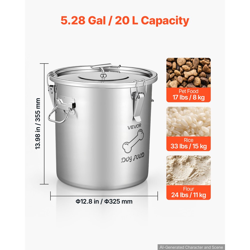VEVOR Stainless Steel Dog Food Storage Container 17 lbs/5.28 Gal Capacity, for Living Room Kitchen, Airtight Lid & Dual