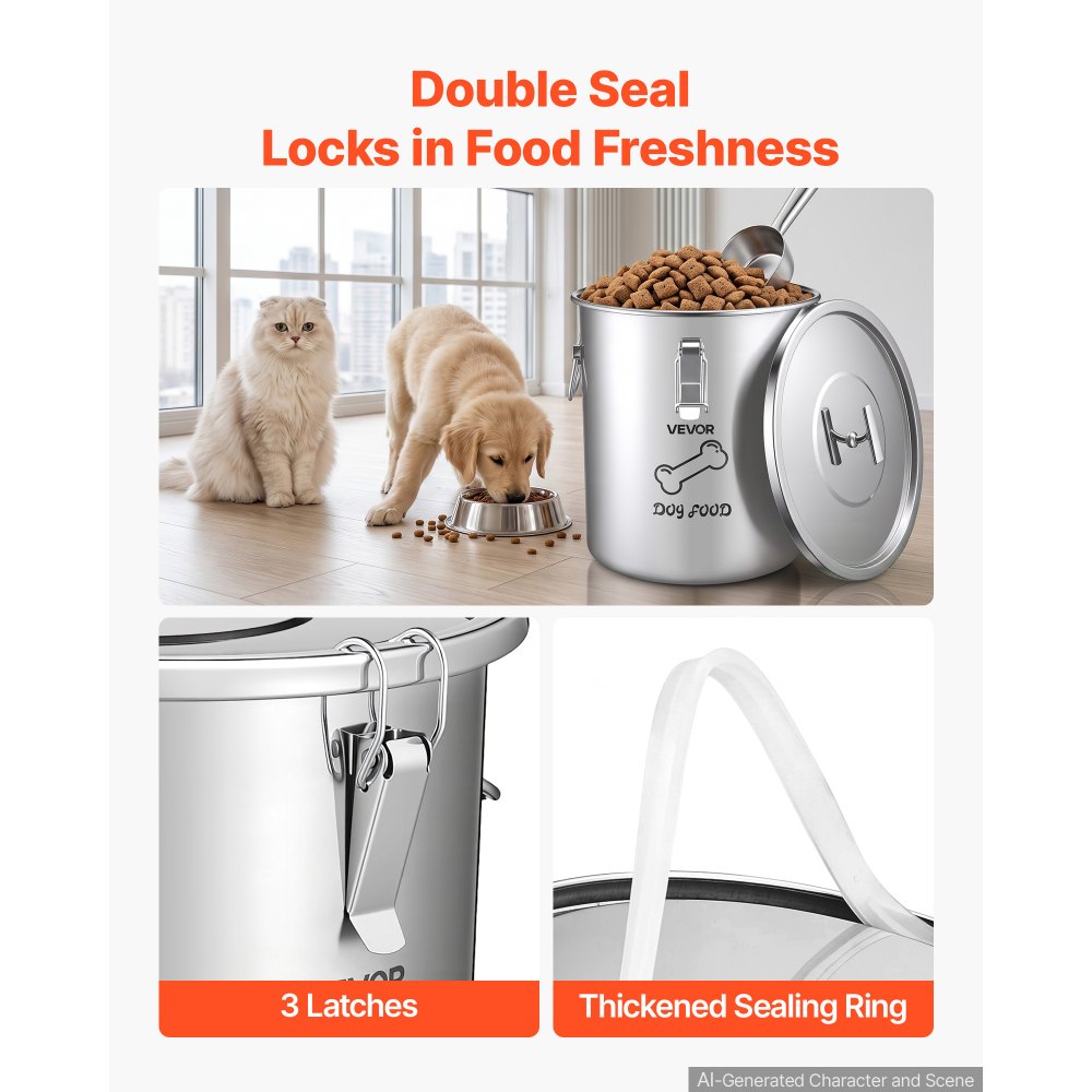 VEVOR Stainless Steel Dog Food Storage Container 17 lbs/5.28 Gal Capacity, for Living Room Kitchen, Airtight Lid & Dual