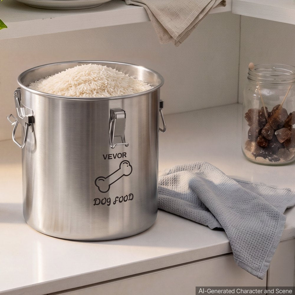 VEVOR Stainless Steel Dog Food Storage Container 17 lbs/5.28 Gal Capacity, for Living Room Kitchen, Airtight Lid & Dual