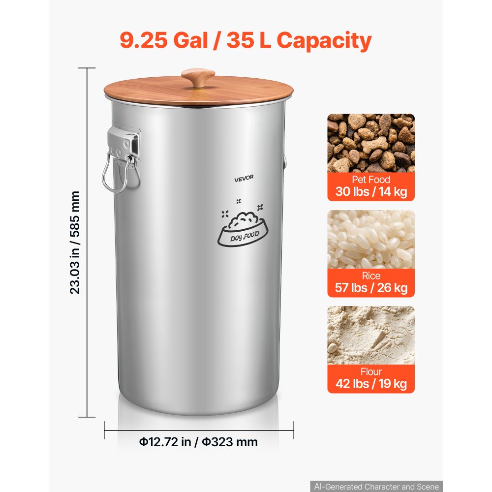 VEVOR Stainless Steel Dog Food Storage Container 30 lbs/9.25 Gal Capacity, for Living Room Kitchen, Airtight Lid & Dual