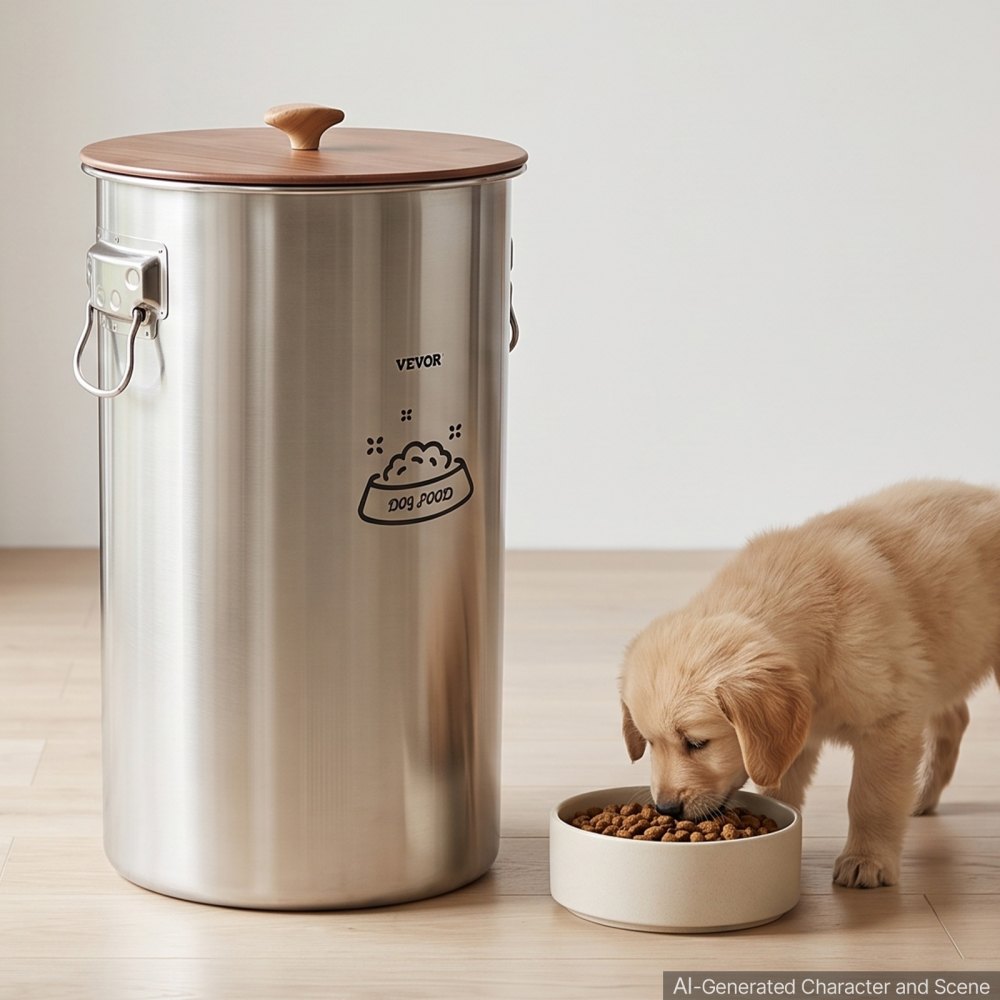 VEVOR Stainless Steel Dog Food Storage Container 30 lbs/9.25 Gal Capacity, for Living Room Kitchen, Airtight Lid & Dual