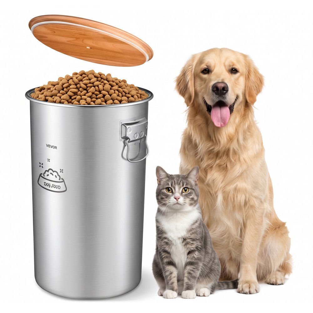 VEVOR Stainless Steel Dog Food Storage Container 30 lbs/9.25 Gal Capacity, for Living Room Kitchen, Airtight Lid & Dual