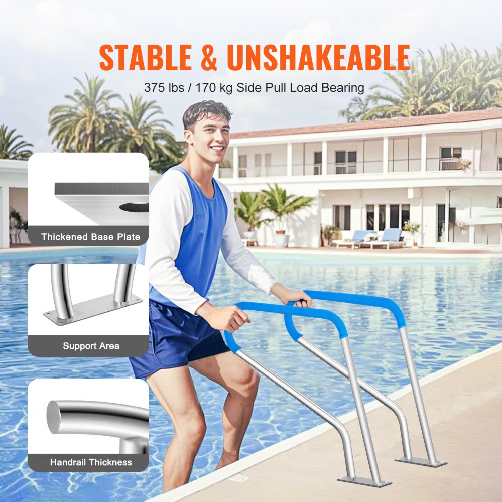VEVOR Pool Handrail, 39 x 32 inch Pool Railing, Stainless Steel with Base Plate for Indoor/Outdoor Pools,Swimming Pool