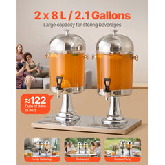 VEVOR Beverage Dispenser, 2.1 Gallon x 2 Drink Dispenser for Parties, Stainless Steel + Plastic Juice Dispensers with