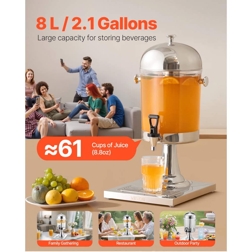 VEVOR Beverage Dispenser, 2.1 Gallon Drink Dispenser for Parties, Stainless Steel + Plastic Juice Dispensers with