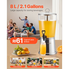 VEVOR Beverage Dispenser, 2.1 Gallon Drink Dispenser for Parties, Stainless Steel + Plastic Juice Dispensers with
