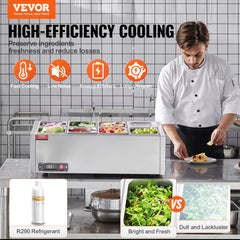 VEVOR Refrigerated Condiment Prep Station, 140 W Countertop Refrigerated Condiment Station, with 8 1/6 Pans, 304
