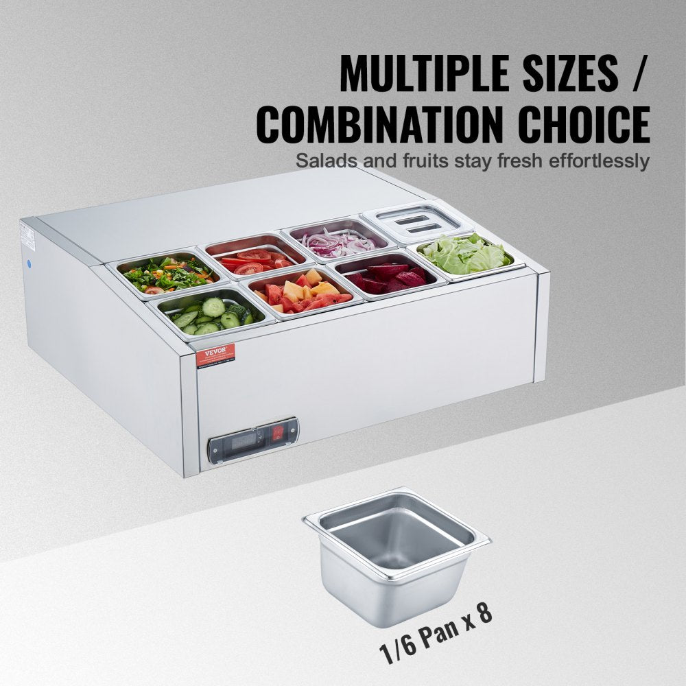 VEVOR Refrigerated Condiment Prep Station, 140 W Countertop Refrigerated Condiment Station, with 8 1/6 Pans, 304