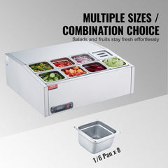 VEVOR Refrigerated Condiment Prep Station, 140 W Countertop Refrigerated Condiment Station, with 8 1/6 Pans, 304