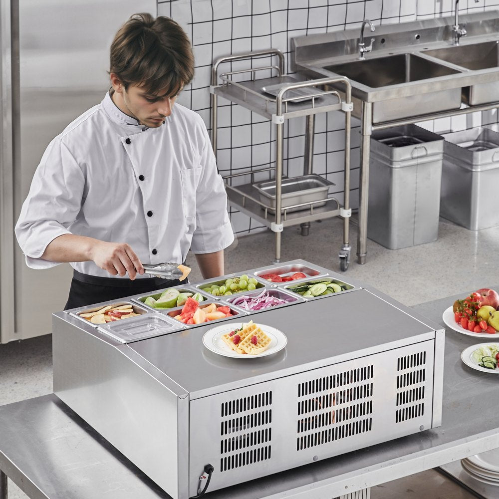 VEVOR Refrigerated Condiment Prep Station, 140 W Countertop Refrigerated Condiment Station, with 8 1/6 Pans, 304