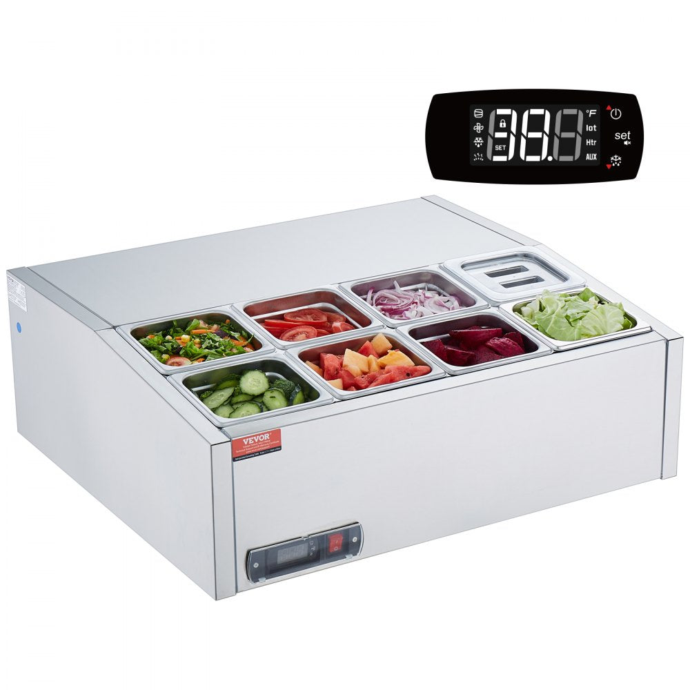 VEVOR Refrigerated Condiment Prep Station, 140 W Countertop Refrigerated Condiment Station, with 8 1/6 Pans, 304