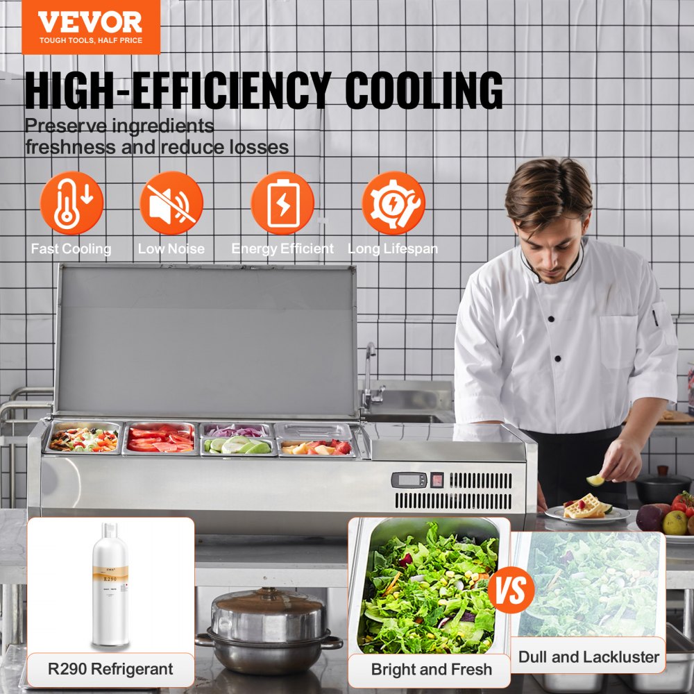 VEVOR Refrigerated Condiment Prep Station, 135 W Countertop Refrigerated Condiment Station, with 2 1/3 Pans & 4 1/6