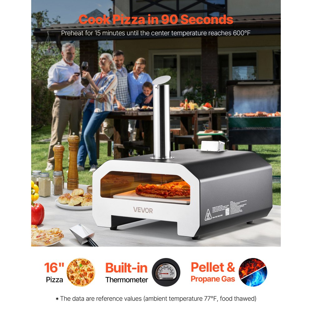 VEVOR Dual Fuel Pizza Oven Outdoor, 16 in Wood Fire & Propane Gas Pizza Oven, Portable Pellet & Propane Pizza-Maker