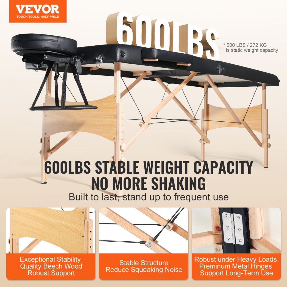 VEVOR Portable Massage Table 28" W, 2 Folding Lightweight Massage Table, 8-Level Height Adjustable Salon Tattoo Bed
