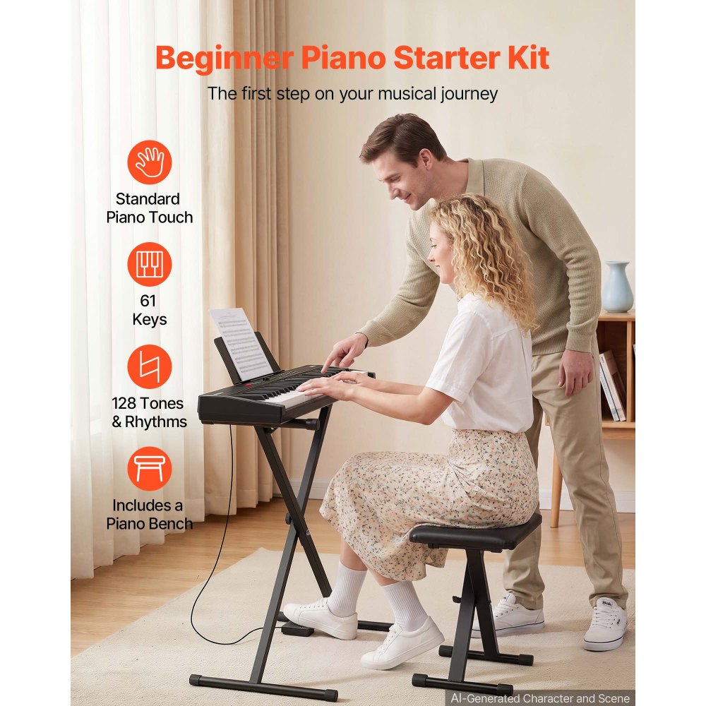 VEVOR Digital Piano 61 Keys Semi Weighted Keyboard Portable Stand Bench, for Beginners, 128 Tones, 128 Rhythms, Dual