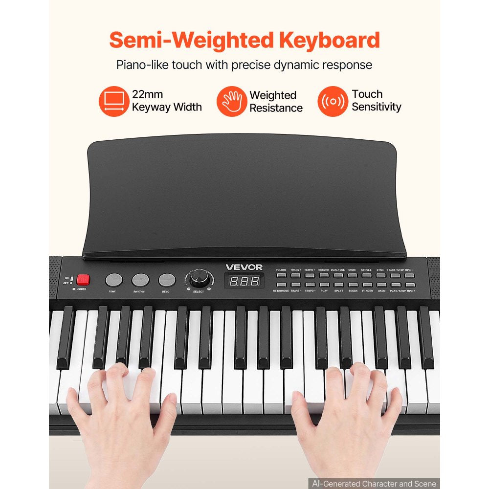 VEVOR Digital Piano 61 Keys Semi Weighted Keyboard Portable Stand Bench, for Beginners, 128 Tones, 128 Rhythms, Dual