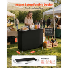 VEVOR Folding Portable Bar Table, 43.3 x 15.2 x 34.8 in, with Carry Bag, 2 Storage Shelves, and Detachable Skirt, Quick