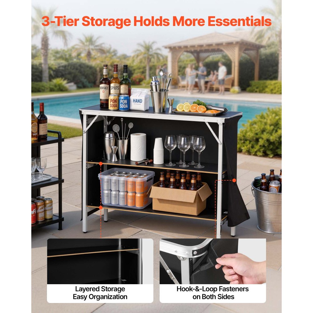 VEVOR Folding Portable Bar Table, 43.3 x 15.2 x 34.8 in, with Carry Bag, 2 Storage Shelves, and Detachable Skirt, Quick