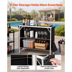VEVOR Folding Portable Bar Table, 43.3 x 15.2 x 34.8 in, with Carry Bag, 2 Storage Shelves, and Detachable Skirt, Quick