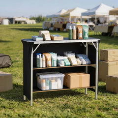 VEVOR Folding Portable Bar Table, 43.3 x 15.2 x 34.8 in, with Carry Bag, 2 Storage Shelves, and Detachable Skirt, Quick