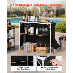 VEVOR Folding Portable Bar Table, 43.3 x 15.2 x 34.8 in, with Carry Bag, Storage Shelf, and Detachable Skirt, Quick and