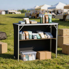 VEVOR Folding Portable Bar Table, 43.3 x 15.2 x 34.8 in, with Carry Bag, Storage Shelf, and Detachable Skirt, Quick and