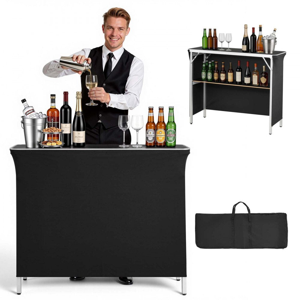 VEVOR Folding Portable Bar Table, 43.3 x 15.2 x 34.8 in, with Carry Bag, Storage Shelf, and Detachable Skirt, Quick and