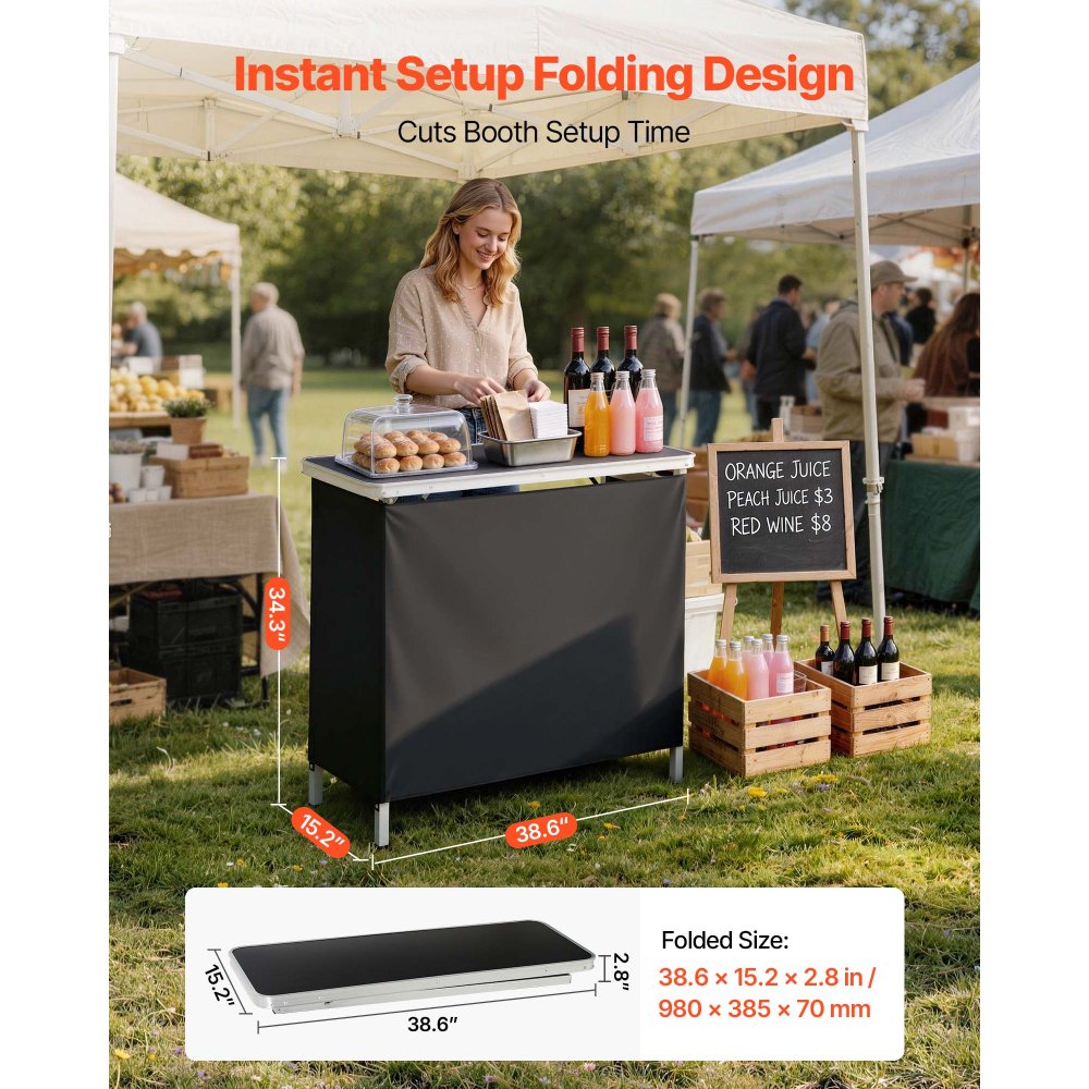 VEVOR Folding Portable Bar Table, 38.6 x 15.2 x 34.3 in, with Carry Bag, Storage Shelf, and Detachable Skirt, Quick and