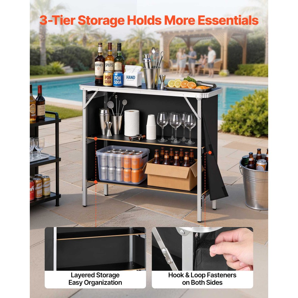 VEVOR Folding Portable Bar Table, 38.6 x 15.2 x 34.3 in, with Carry Bag, Storage Shelf, and Detachable Skirt, Quick and