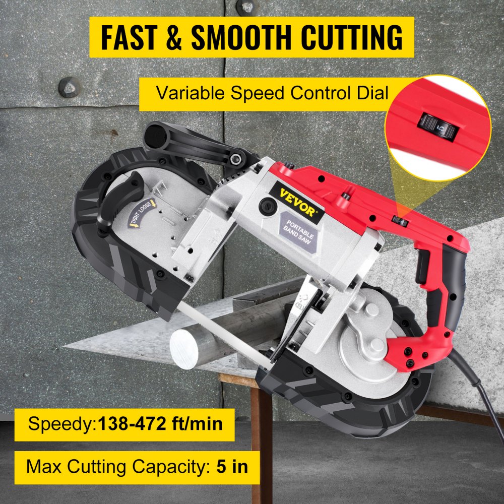 VEVOR Corded Band Saw, 5-Inch Cut Capacity, Variable Speed, Handheld, 10A Motor, for Metal, Wood, Tubing, Pipes, Rebar