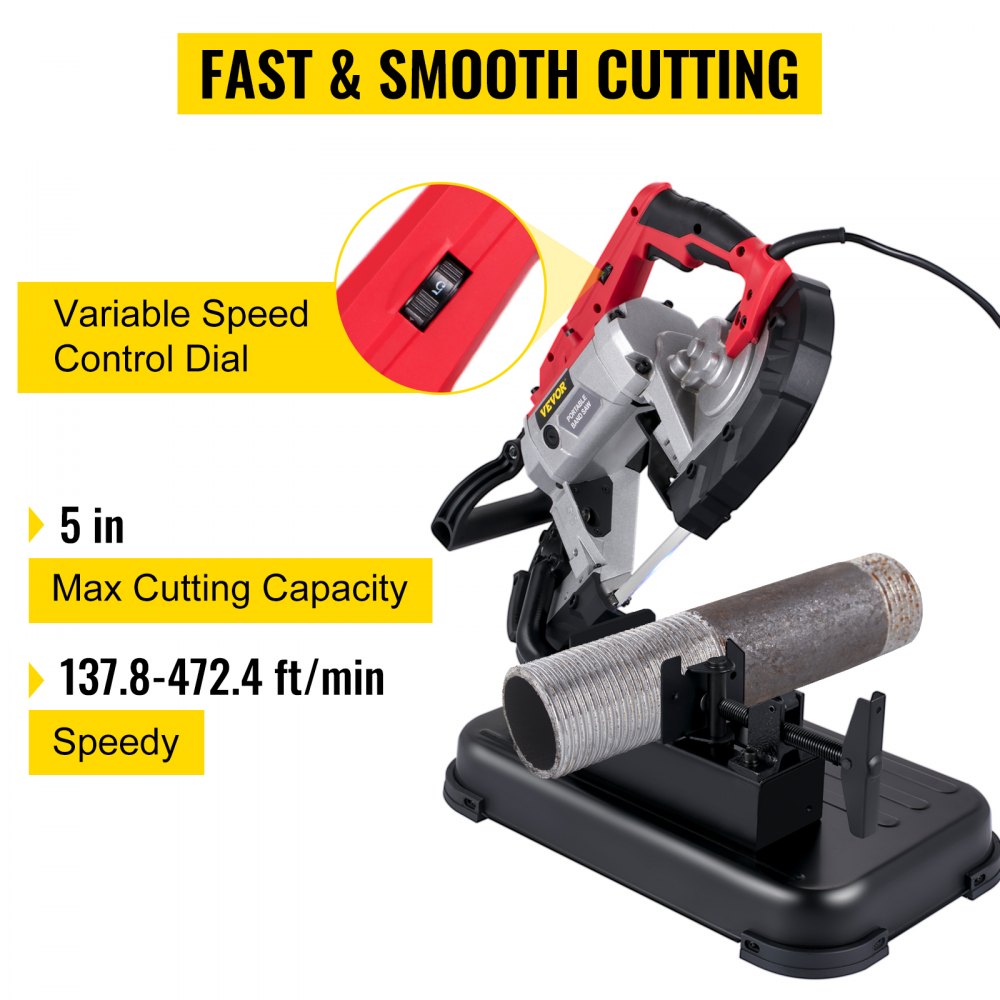 VEVOR Portable Band Saw, 110V 10-Amp Corded Tool with Removable Steel Base, 5-Inch Capacity, 6-Level Variable Speed, 0