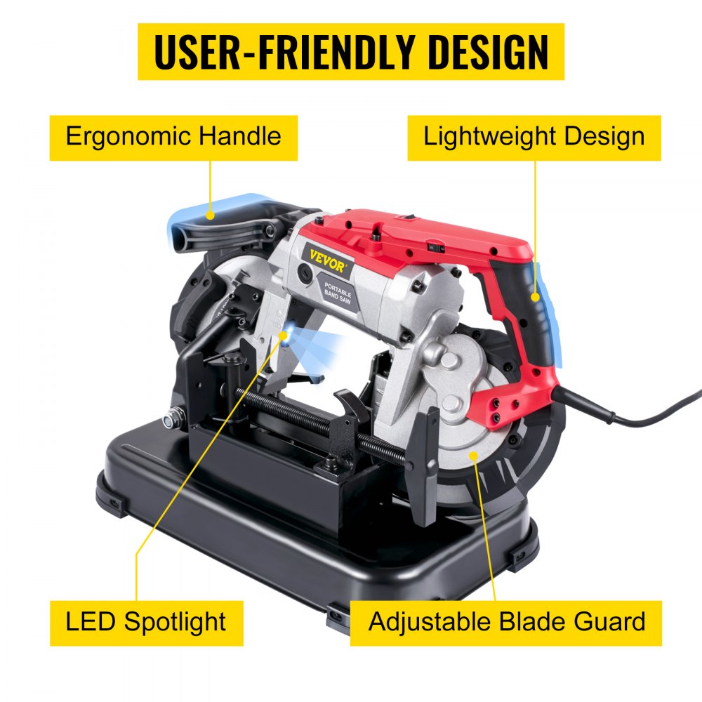 VEVOR Portable Band Saw, 110V 10-Amp Corded Tool with Removable Steel Base, 5-Inch Capacity, 6-Level Variable Speed, 0