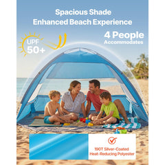 VEVOR Beach Tent Sun Shelter for 4 Person, UPF 50+ Protection, Portable Sun Shade Canopy with Carrying Bag & Sand