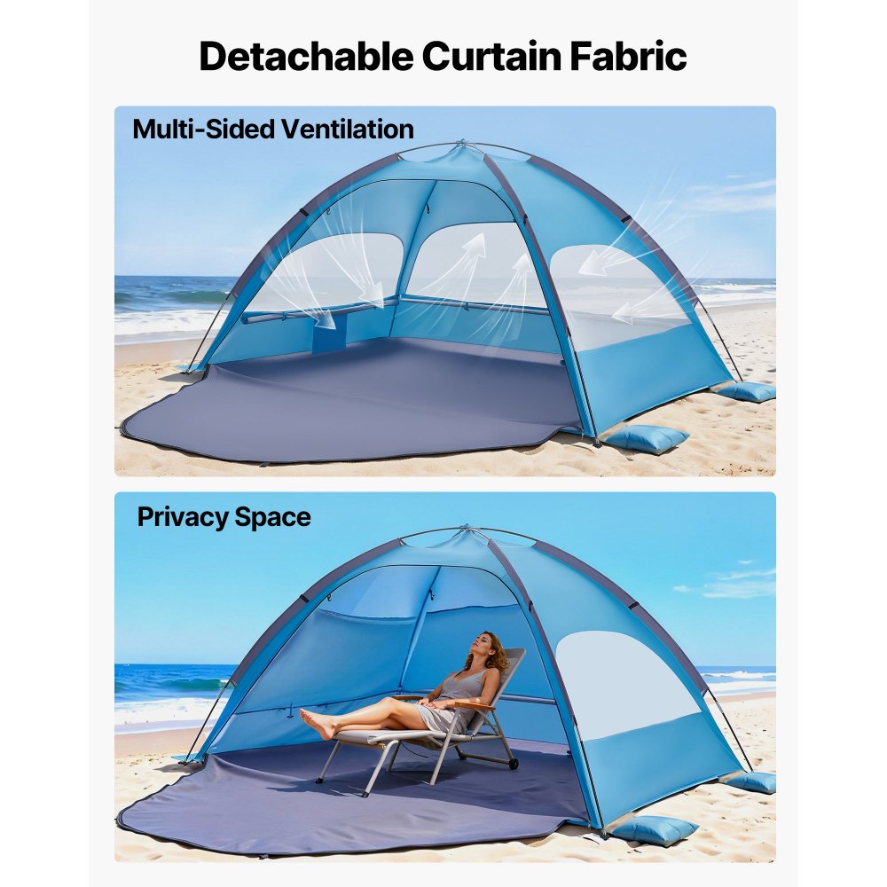 VEVOR Beach Tent Sun Shelter for 4 Person, UPF 50+ Protection, Portable Sun Shade Canopy with Carrying Bag & Sand