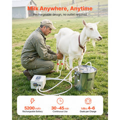 VEVOR Goat Milking Machine, 0.8 Gal / 3 L Food-Grade Stainless Steel Bucket, with 5200 mAh Rechargeable Battery, 2 Teat