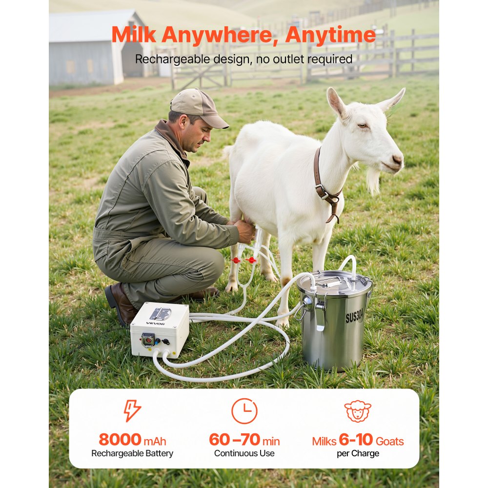 VEVOR Goat Milking Machine, 1.8 Gal / 7 L Food-Grade Stainless Steel Bucket, 4 Teat Cups for Cows and Goats, with 8000