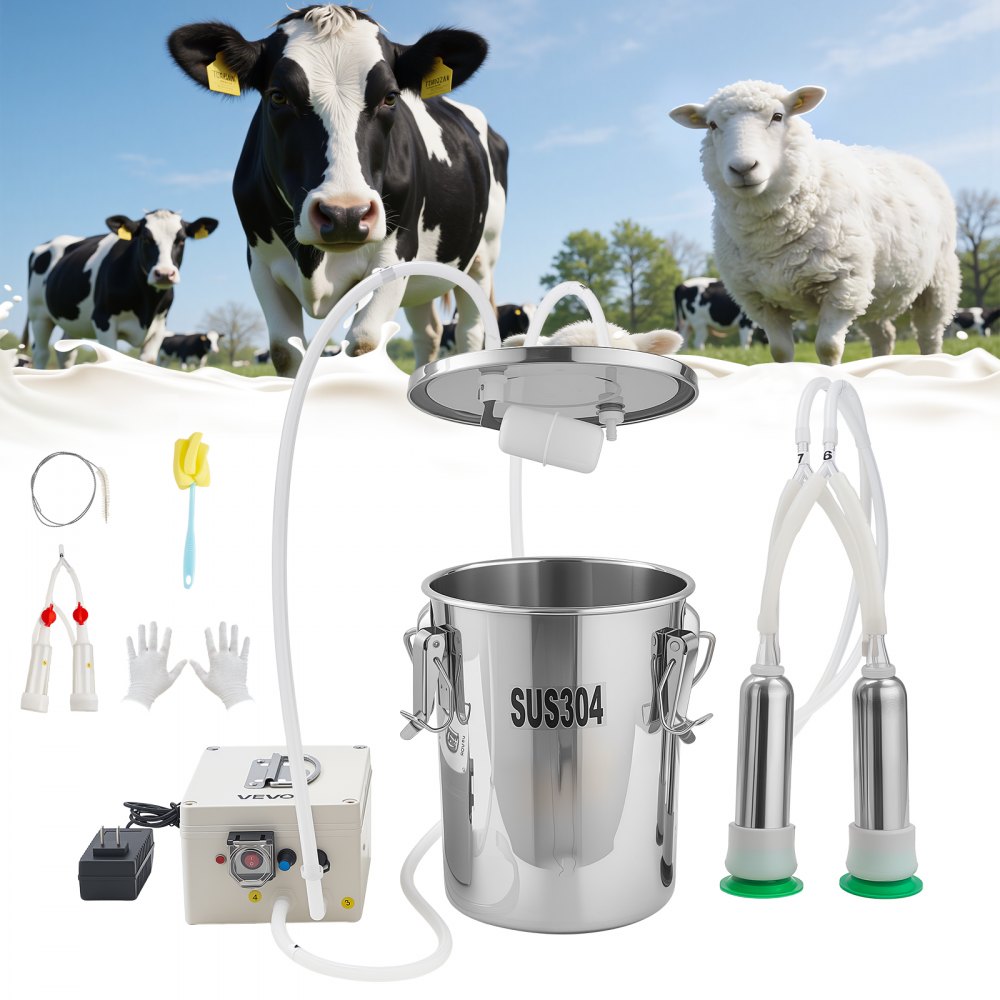 VEVOR Goat Milking Machine, 1.8 Gal / 7 L Food-Grade Stainless Steel Bucket, 4 Teat Cups for Cows and Goats, with 8000