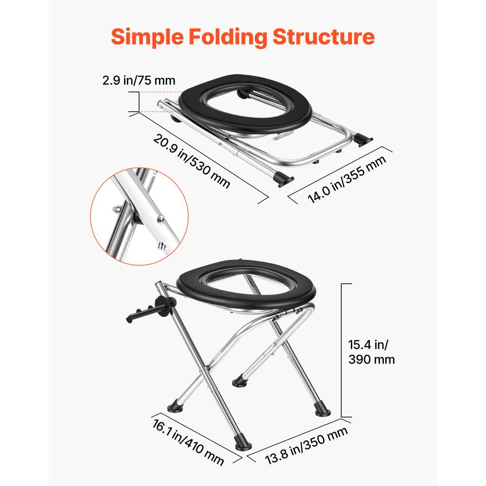 VEVOR Portable Toilet for Camping, 350 lbs Weight Capacity, Stainless Steel Foldable Camp Travel Toilet with Soft Seat