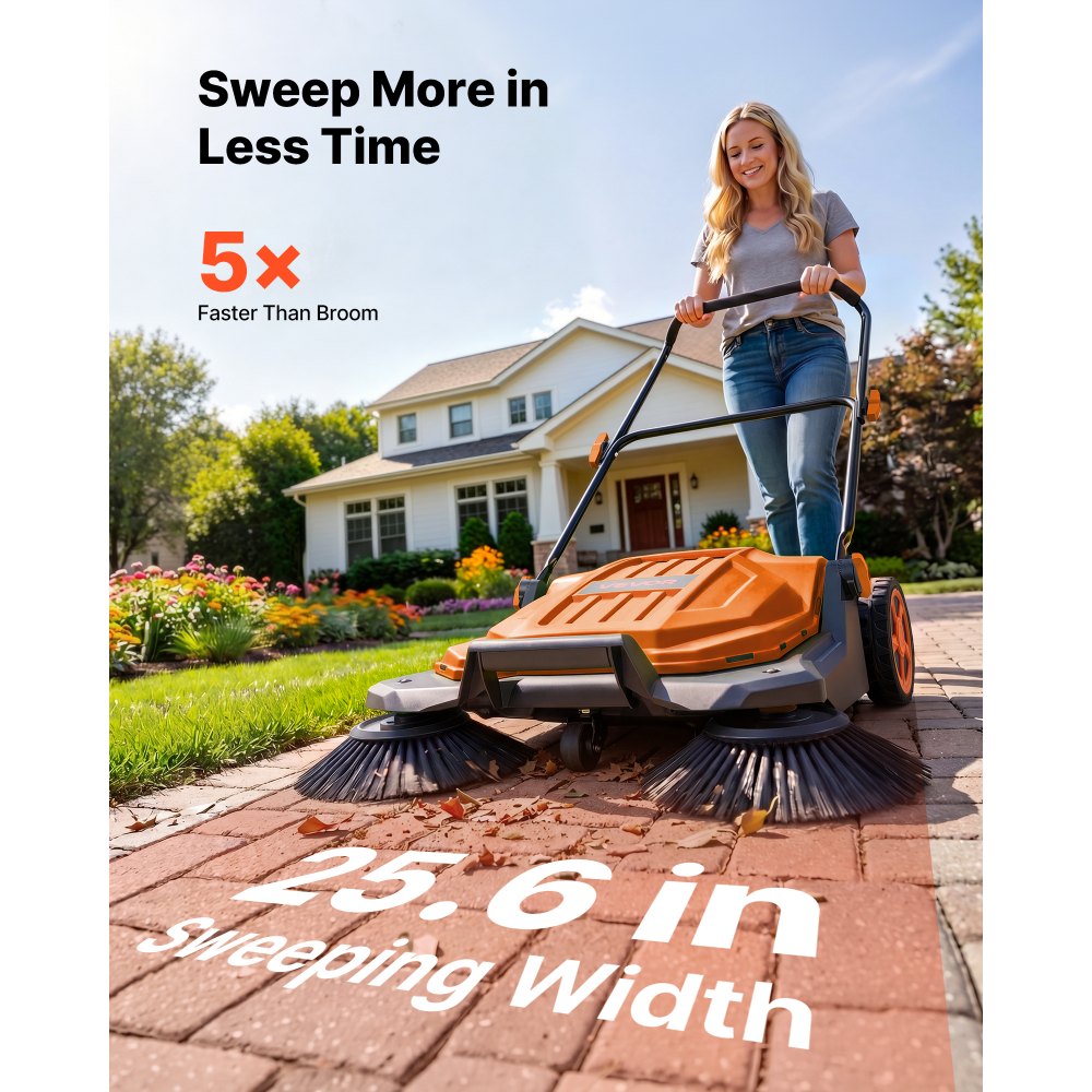 VEVOR Walk-Behind Hand Push Floor Sweeper, Manual Floor Sweeper Non-Electric with 25.6" Sweeping Width, 5 Gallons Waste