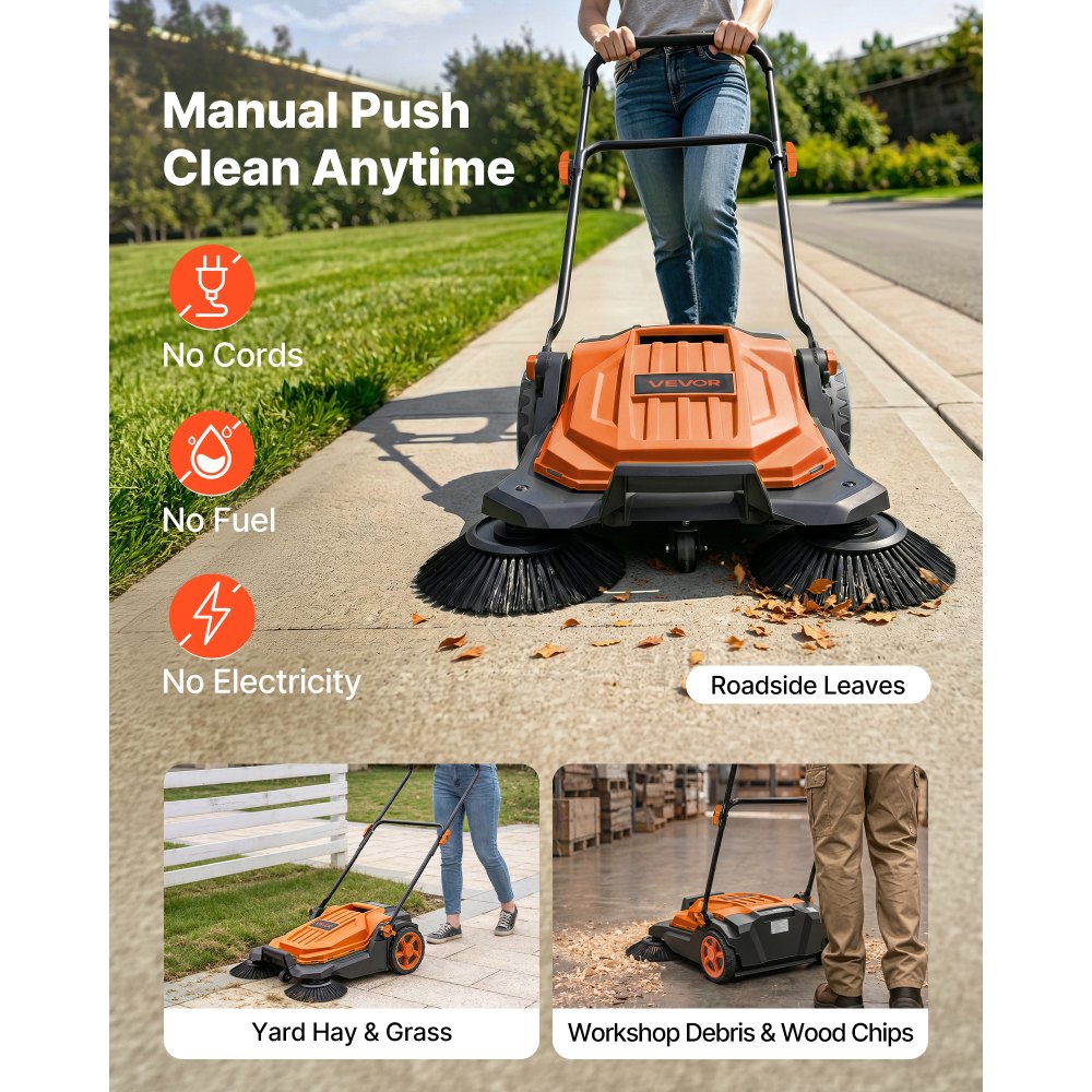 VEVOR Walk-Behind Hand Push Floor Sweeper, Manual Floor Sweeper Non-Electric with 25.6" Sweeping Width, 5 Gallons Waste