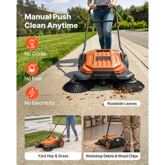 VEVOR Walk-Behind Hand Push Floor Sweeper, Manual Floor Sweeper Non-Electric with 25.6" Sweeping Width, 5 Gallons Waste