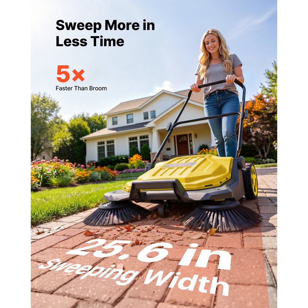 VEVOR Walk-Behind Hand Push Floor Sweeper, Manual Floor Sweeper Non-Electric with 25.6" Sweeping Width, 5 Gallons Waste