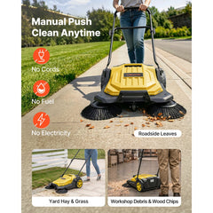 VEVOR Walk-Behind Hand Push Floor Sweeper, Manual Floor Sweeper Non-Electric with 25.6" Sweeping Width, 5 Gallons Waste
