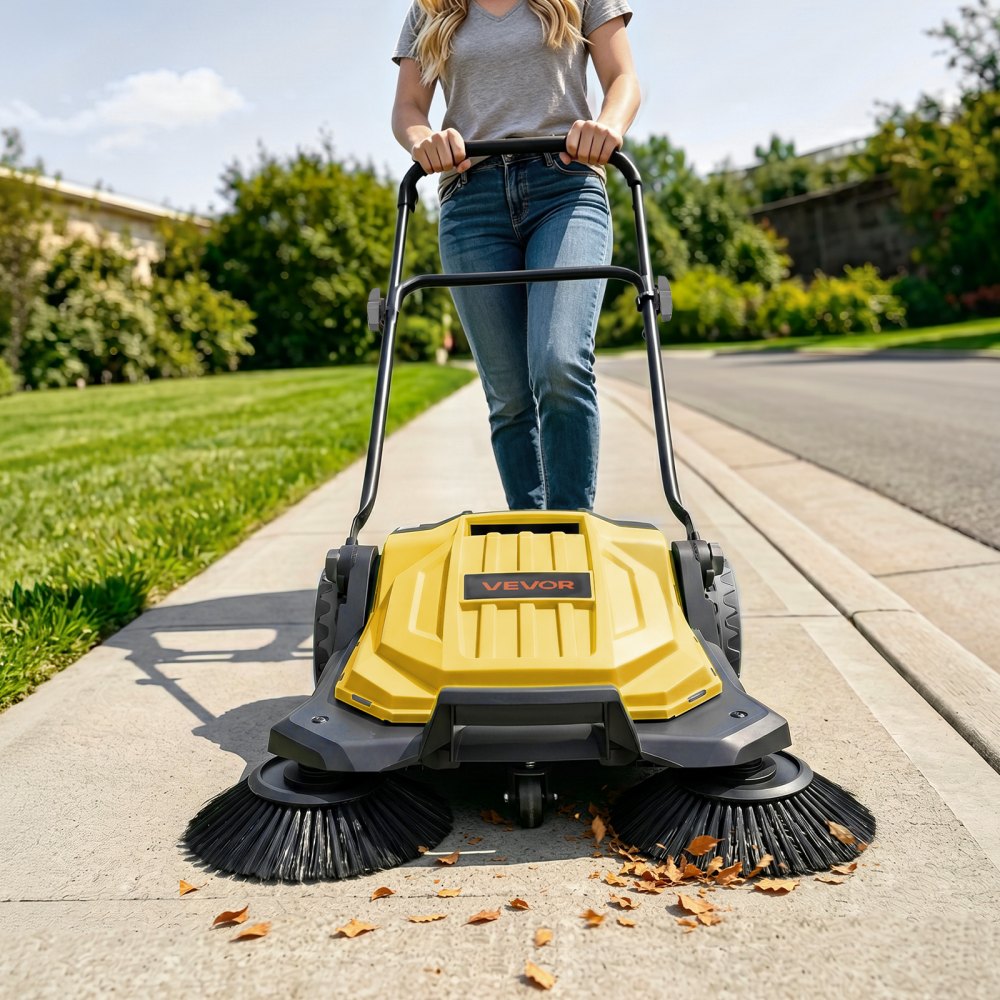 VEVOR Walk-Behind Hand Push Floor Sweeper, Manual Floor Sweeper Non-Electric with 25.6" Sweeping Width, 5 Gallons Waste