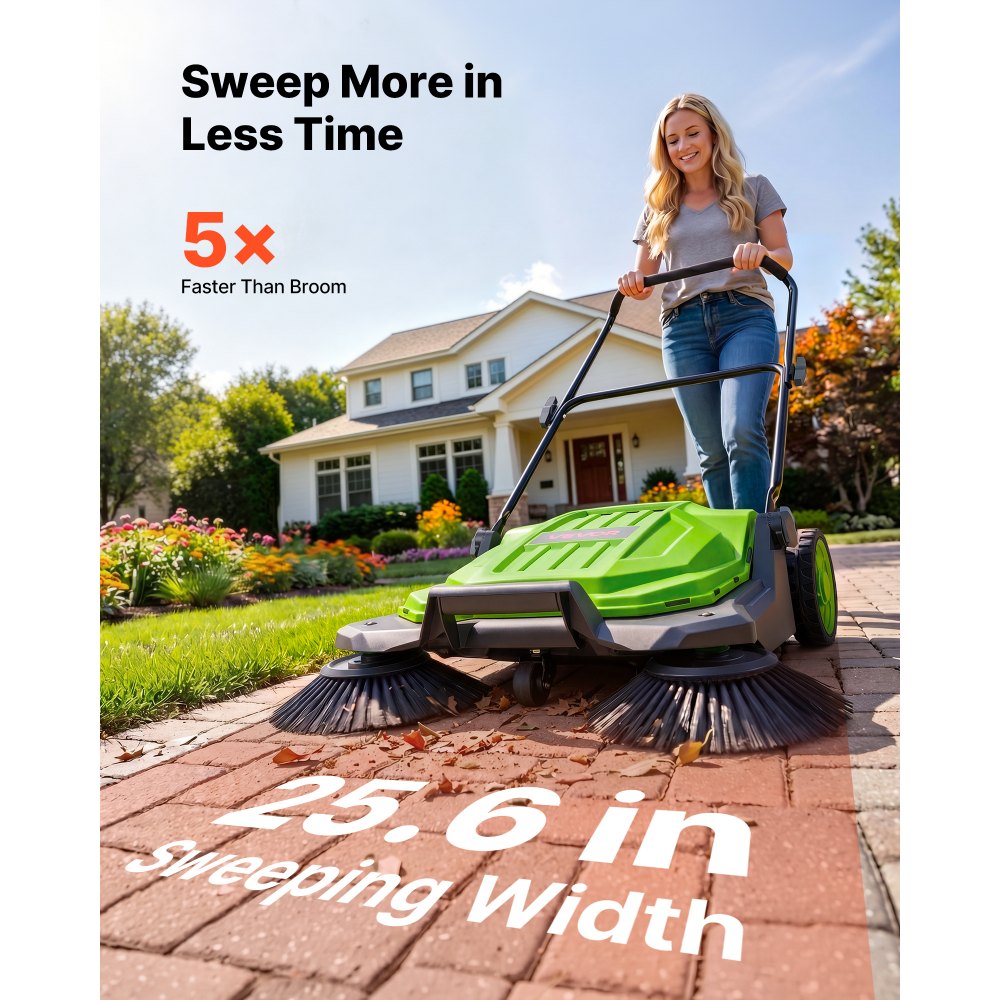 VEVOR Walk-Behind Hand Push Floor Sweeper, Manual Floor Sweeper Non-Electric with 25.6" Sweeping Width, 5 Gallons Waste