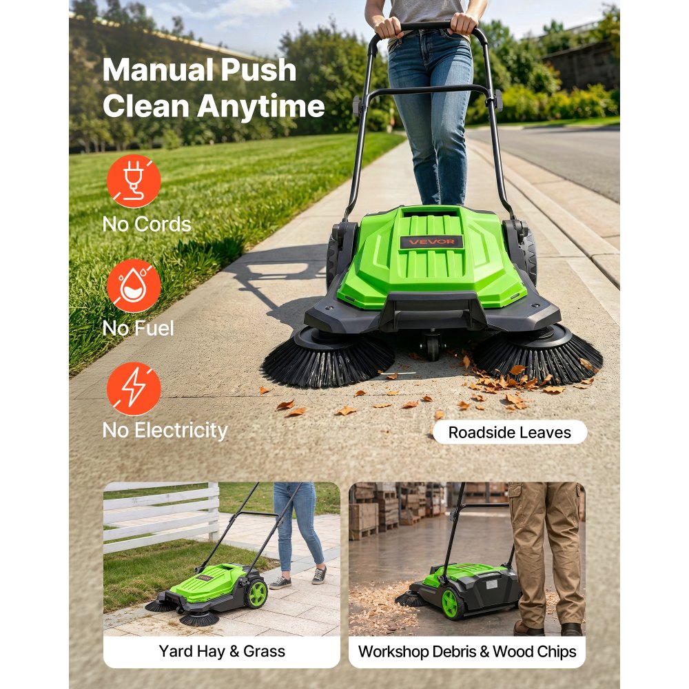 VEVOR Walk-Behind Hand Push Floor Sweeper, Manual Floor Sweeper Non-Electric with 25.6" Sweeping Width, 5 Gallons Waste